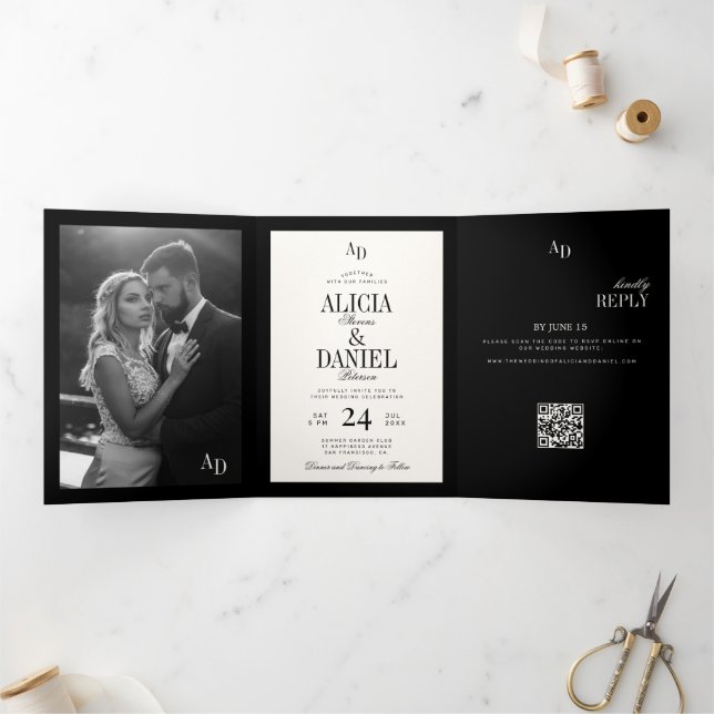 Convite Com Dobra Tripla Casamento com foto clássico preto marfim dinheiro  (Dentro)