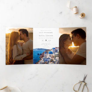 Convite Com Dobra Tripla Casamento com Foto QR Code 3 de Santorini Grécia