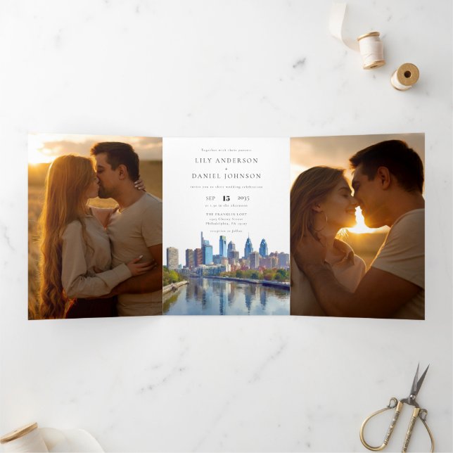 Convite Com Dobra Tripla Casamento com Foto QR Code 3 Filadélfia (Dentro)