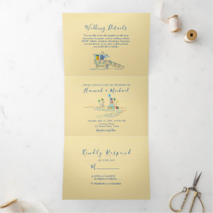 Convite Com Dobra Tripla Casamento com Fotografias Retro Beach