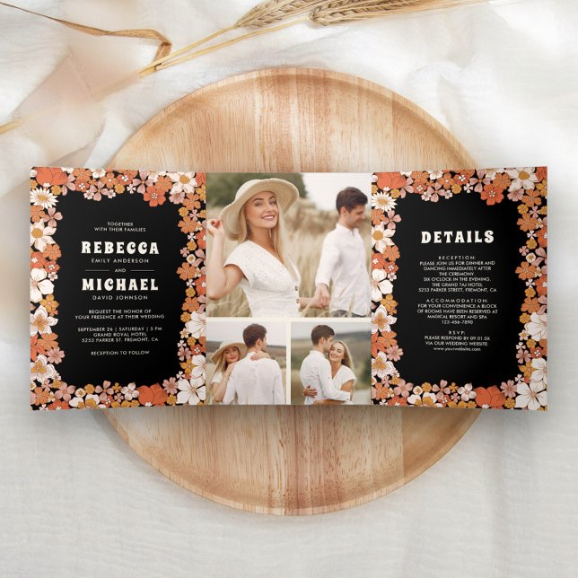 Convite Com Dobra Tripla Casamento com Laranja Preto Groovy Flor Silvestre  (Criador carregado)