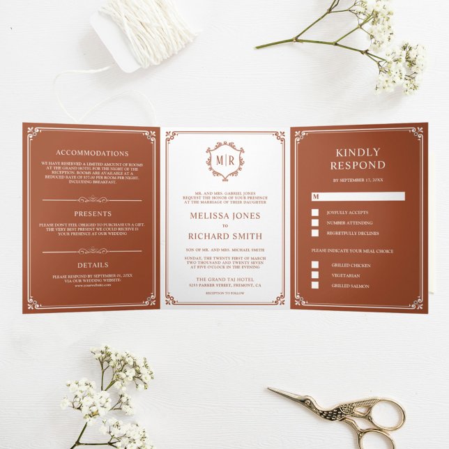 Convite Com Dobra Tripla Casamento com Monograma Elegante Branco e Terracot (Criador carregado)