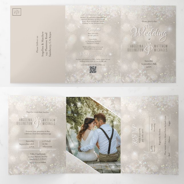 Convite Com Dobra Tripla Casamento com Orçamento Controlado com Foto Glitte (All in One Trifold Champagne Glitter Budget Wedding Invitation)