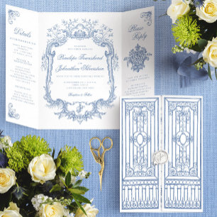 Convite Com Dobra Tripla Casamento com Portão Azul Empoeirado Elegante Vint
