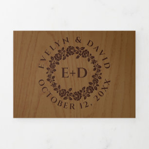 Convite Com Dobra Tripla Casamento com rosa, casamento de madeira rústica