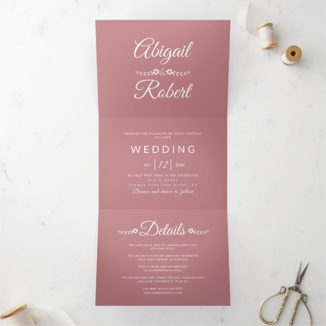Convite Com Dobra Tripla Casamento com rosa de fotografia empoeirada por ti (Dentro)