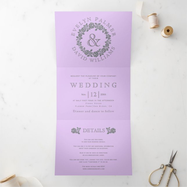 Convite Com Dobra Tripla Casamento com rosa de lavanda de coroa de prata (Dentro)