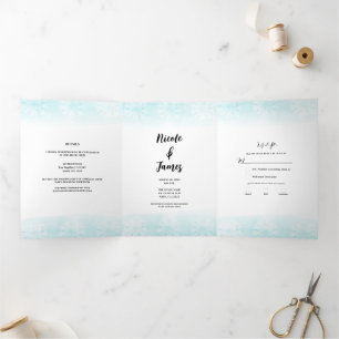 Convite Com Dobra Tripla Casamento com Teal e Dourado Watercolor