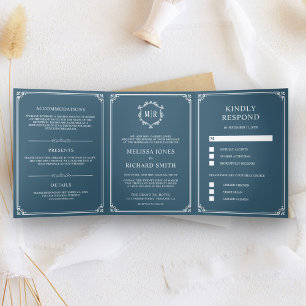 Convite Com Dobra Tripla Casamento com um monograma azul elegante