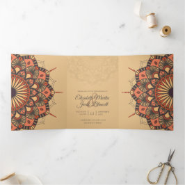 Convite Com Dobra Tripla Casamento Contemporâneo de Peach Mandala
