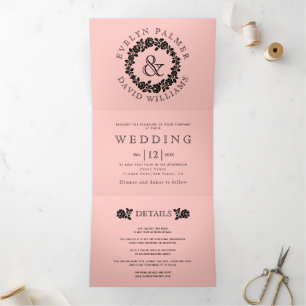 Convite Com Dobra Tripla Casamento cor-de-rosa com rosa preto Vintage