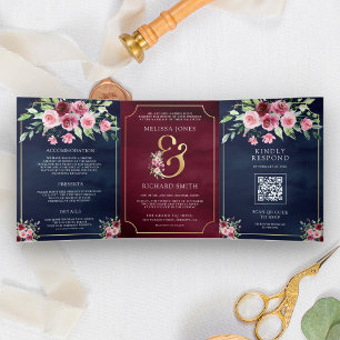 Convite Com Dobra Tripla Casamento cor-de-rosa Marsala Ampersand Floral Mar
