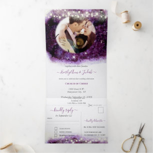 Convite Com Dobra Tripla Casamento Cristal de Ámora Roxo Elegante Geodo