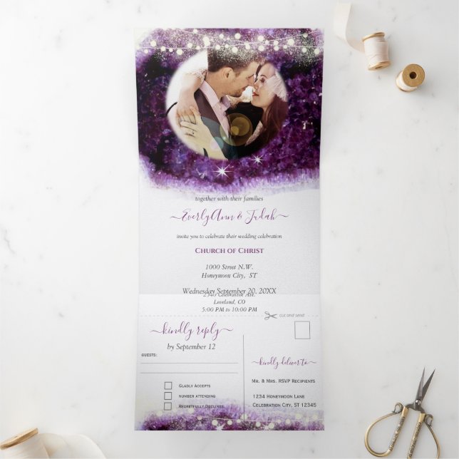 Convite Com Dobra Tripla Casamento Cristal de Ámora Roxo Elegante Geodo (Dentro)