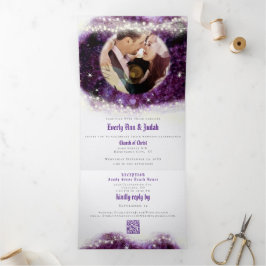Convite Com Dobra Tripla Casamento Cristal de Ámora Violeta Elegante Geodo