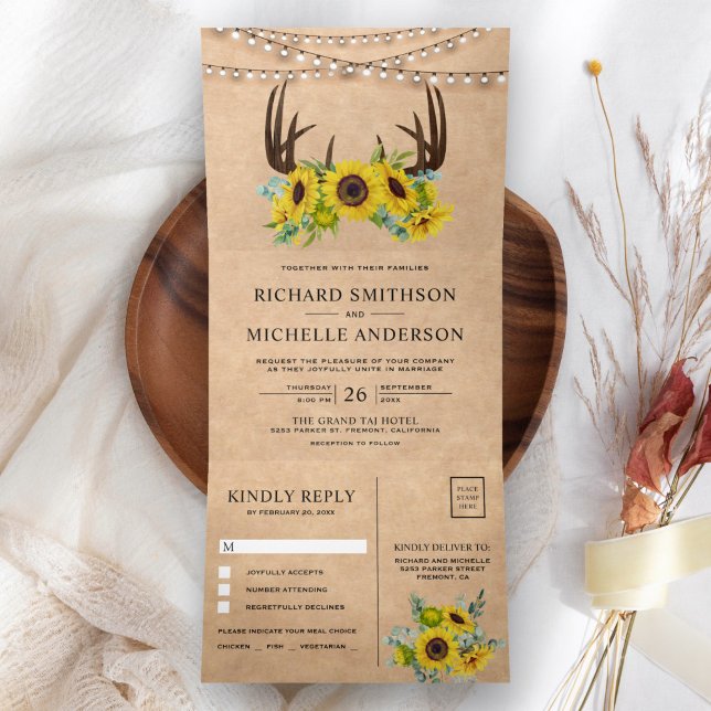 Convite Com Dobra Tripla Casamento de Antílope Floral de Girassóis Kraft Rú (Criador carregado)