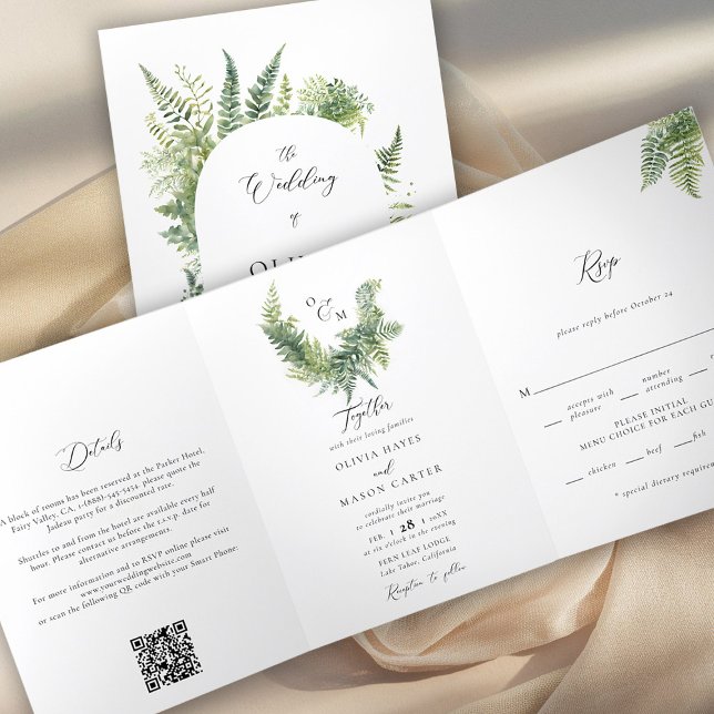 Convite Com Dobra Tripla Casamento de Boho Arch de Ferns da Floresta Encant (enchanted forest wedding invitation botanical boho arch fern outdoors mountains sage all one trifold)