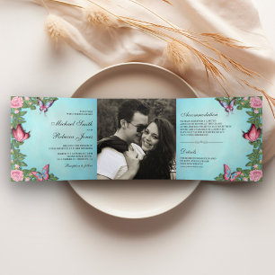 Convite Com Dobra Tripla Casamento de Borboleta Floral Azul e Rosa em Foto