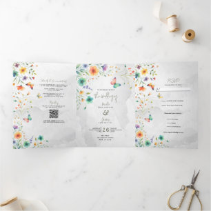 Convite Com Dobra Tripla Casamento de Borboleta Floral Colorida em Aquarela