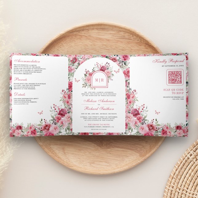 Convite Com Dobra Tripla Casamento de Borboletas Rosas Vermelhas Rosa do Di (Criador carregado)