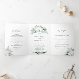 Convite Com Dobra Tripla Casamento de Buquê de Flor Evergreen & Cotton