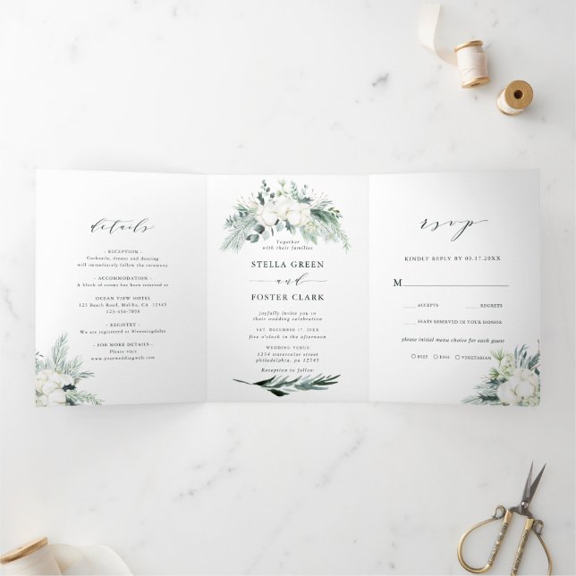 Convite Com Dobra Tripla Casamento de Buquê de Flor Evergreen & Cotton (Dentro)