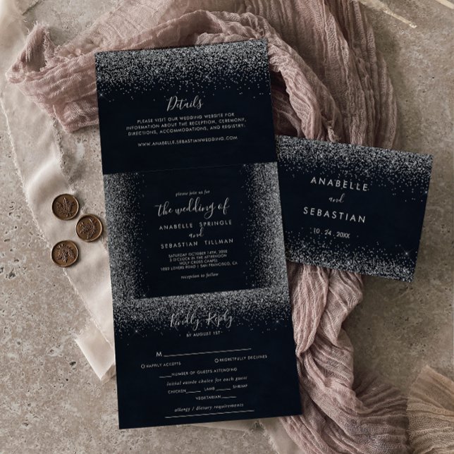 Convite Com Dobra Tripla Casamento de Caligrafia Silver Confetti (Criador carregado)