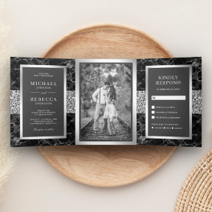 Convite Com Dobra Tripla Casamento de Cinzas Escuras Escuras de Silver Marb