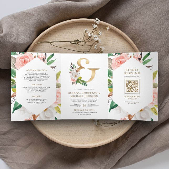 Convite Com Dobra Tripla Casamento de Código QR com Ampersand Floral Dourad (Criador carregado)