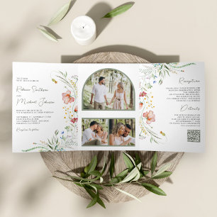 Convite Com Dobra Tripla Casamento de Código QR da Colagem de Foto Rustic W
