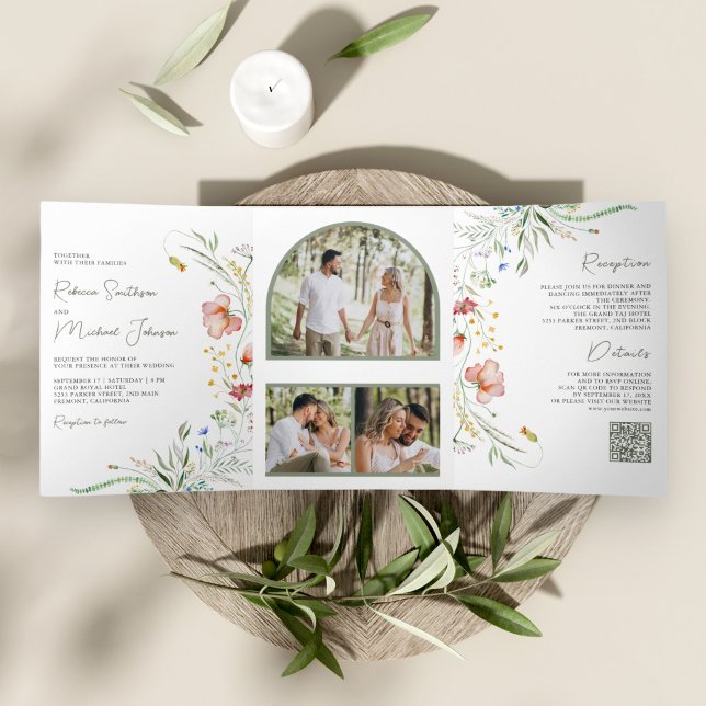 Convite Com Dobra Tripla Casamento de Código QR da Colagem de Foto Rustic W (Criador carregado)