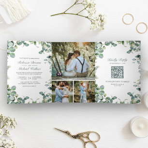 Convite Com Dobra Tripla Casamento de Código QR da Colagem de Fotos Eucalyp