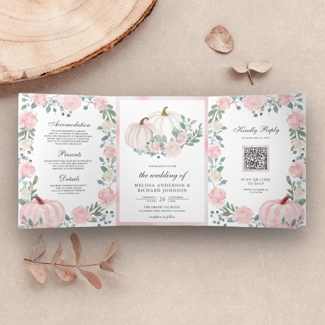 Convite Com Dobra Tripla Casamento de Código QR da Pumpkin Floral Rosa-Rosa (Criador carregado)