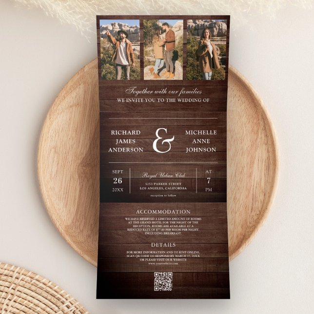 Convite Com Dobra Tripla Casamento de Código QR de Colagem de Fotos Mínimas (Criador carregado)