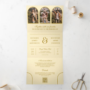 Convite Com Dobra Tripla Casamento de Código QR de Foto de Arquitetura Míni