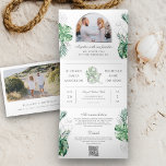 Convite Com Dobra Tripla Casamento de Código QR de Foto de Palma de Prata T<br><div class="desc">Incomodem seus convidados com este elegante convite para casamento,  com lindas folhas de palma da monstera,  com o QR Code for online RSVP. Basta adicionar os detalhes do seu evento neste modelo fácil de usar e adorar este cartão com as suas fotografias favoritas para o tornar um convite único.</div>