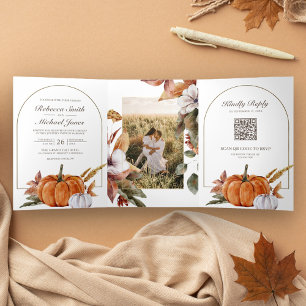 Convite Com Dobra Tripla Casamento de Código QR de Foto de Pumpkin Rustic B