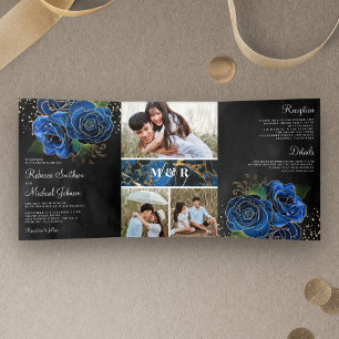 Convite Com Dobra Tripla Casamento de Colagem de Foto Floral Real Azul Dour