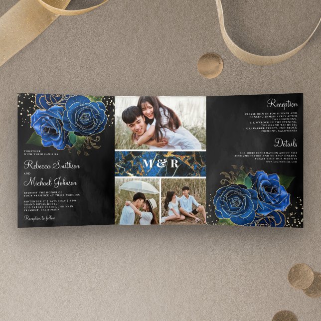 Convite Com Dobra Tripla Casamento de Colagem de Foto Floral Real Azul Dour (Criador carregado)