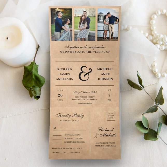 Convite Com Dobra Tripla Casamento de Colagem de Foto Rustic Kraft Mínimo 3 (Criador carregado)