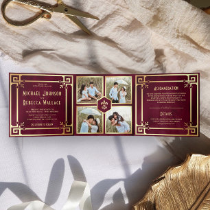 Convite Com Dobra Tripla Casamento de Colagem de Fotos Art Déco em Dourado
