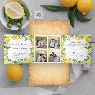 Convite Com Dobra Tripla Casamento de Colagem de Fotos Citrus Lemon Orchard