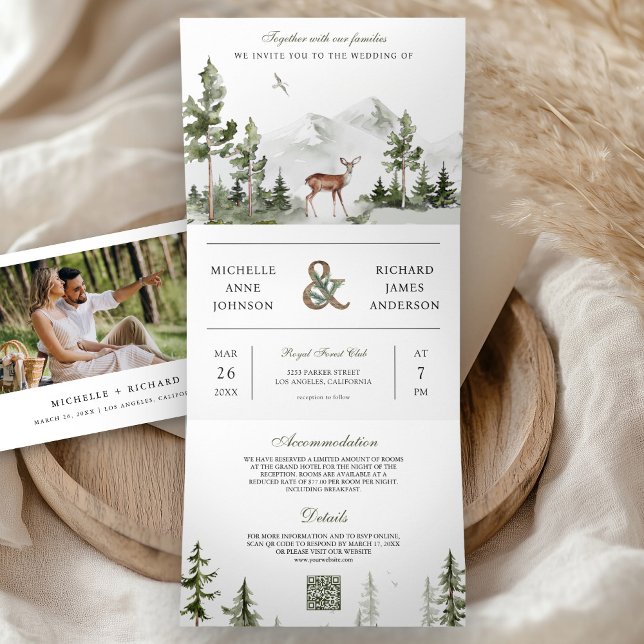 Convite Com Dobra Tripla Casamento de Colagem de Fotos com QR Code de Veado (Criador carregado)