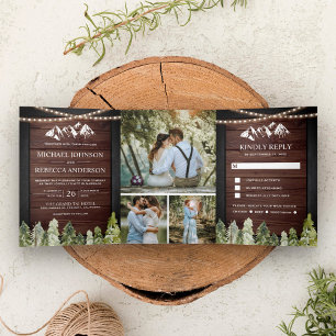 Convite Com Dobra Tripla Casamento de Colagem de Fotos da Floresta Montanho