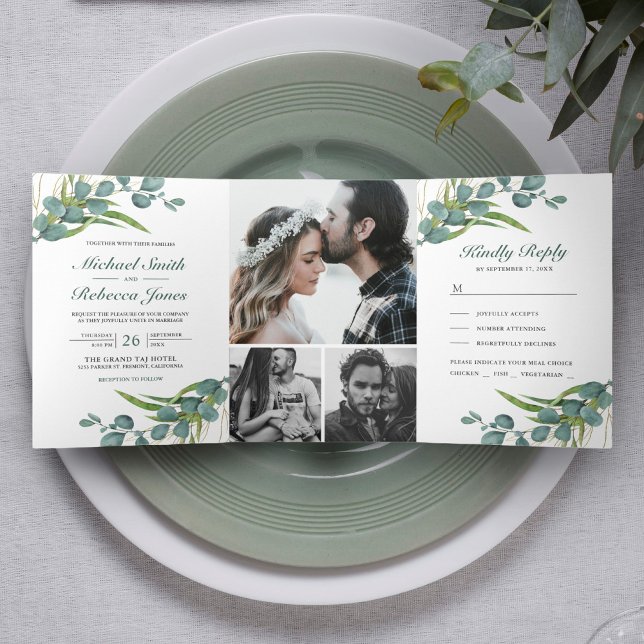 Convite Com Dobra Tripla Casamento de Colagem de Fotos de Folhas Rústicas d (Criador carregado)