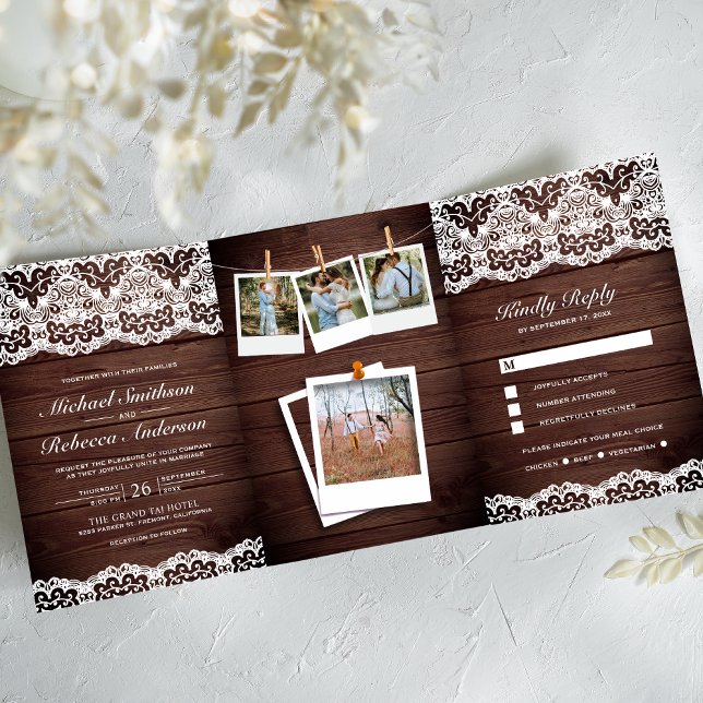 Convite Com Dobra Tripla Casamento de Colagem de Fotos do Campo de Madeira  (Criador carregado)