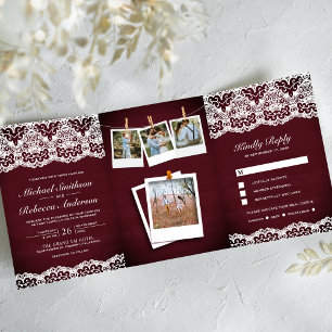 Convite Com Dobra Tripla Casamento de Colagem de Fotos do Campo de Madeira 