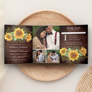 Convite Com Dobra Tripla Casamento de Colagem de Fotos do Rustic Barn Wood