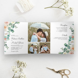 Convite Com Dobra Tripla Casamento de Colagem de Fotos Eucalyptus Rosas Pas