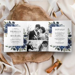 Convite Com Dobra Tripla Casamento de Colagem de Fotos Florais Azul Naval R
